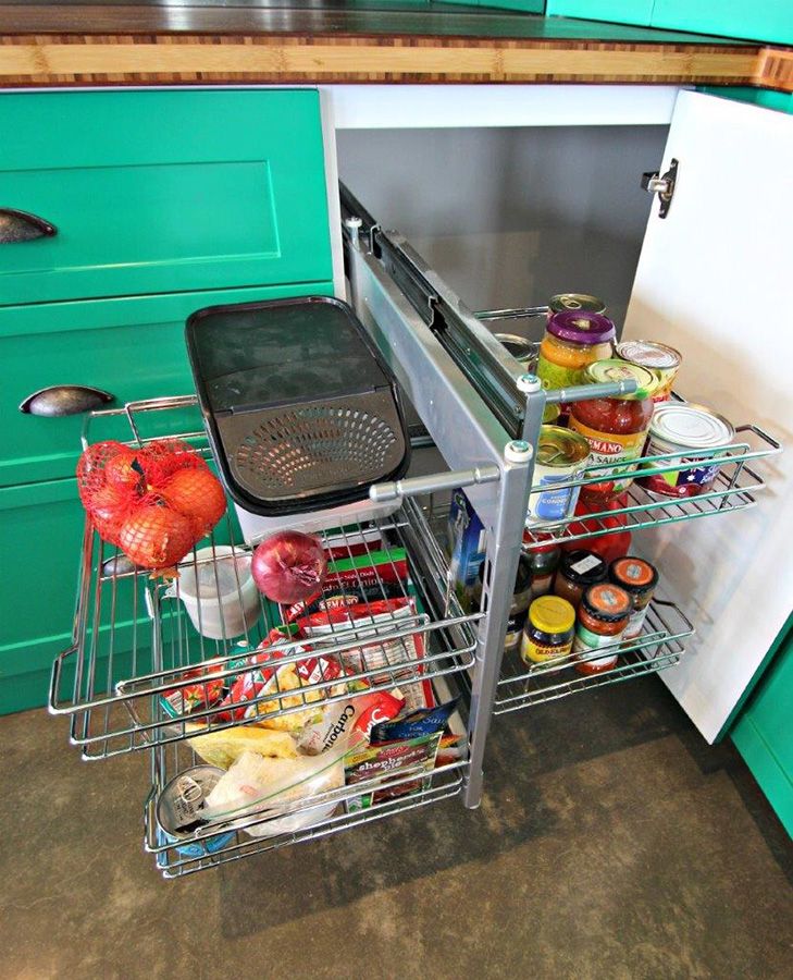 Pull out wire pantry baskets with chrome rails and storage jars