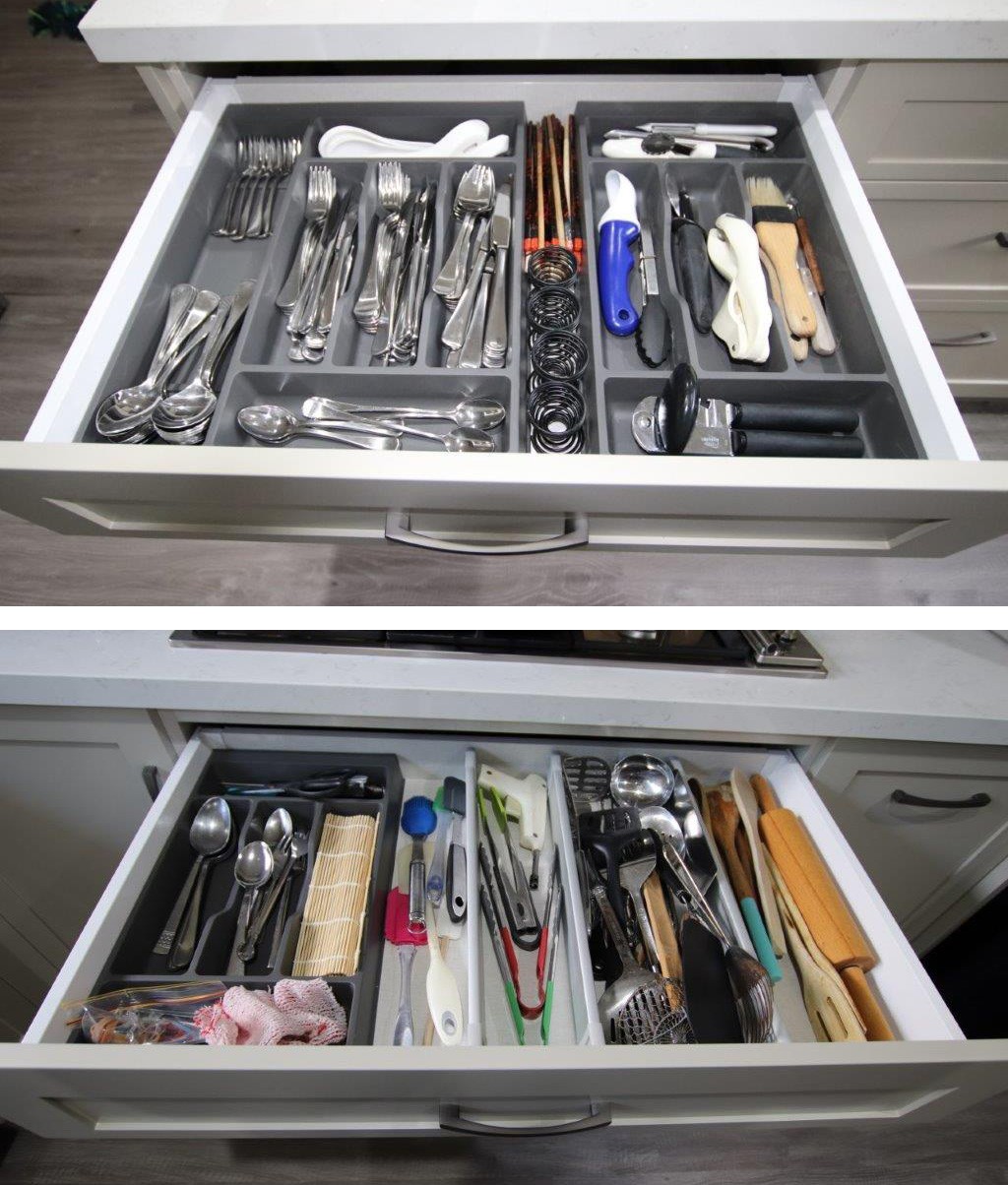 Kitchen drawer with cutlery and utensil inserts organised for storage