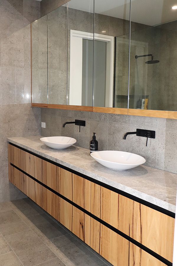 Messmate wall hung vanity with live edge timber detail
