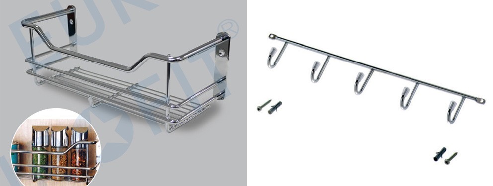 Chrome pantry door spice rack and hook rail additions for kitchen pantries