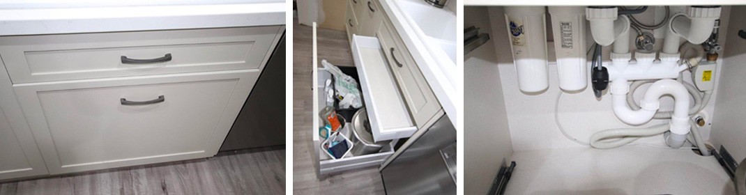 Kitchen sink drawer detail showing front view, open drawer storage and plumbing arrangement