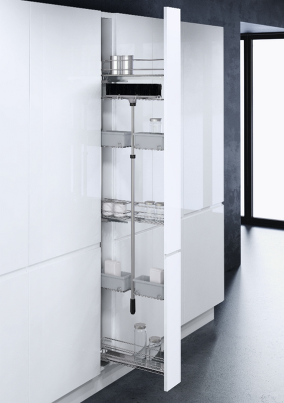 Pull out broom and cleaning storage unit in a white handleless kitchen