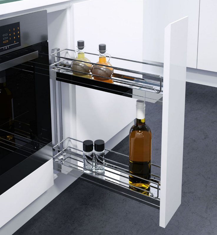 Slimline pull out bottle unit storing oils and condiments beside an oven