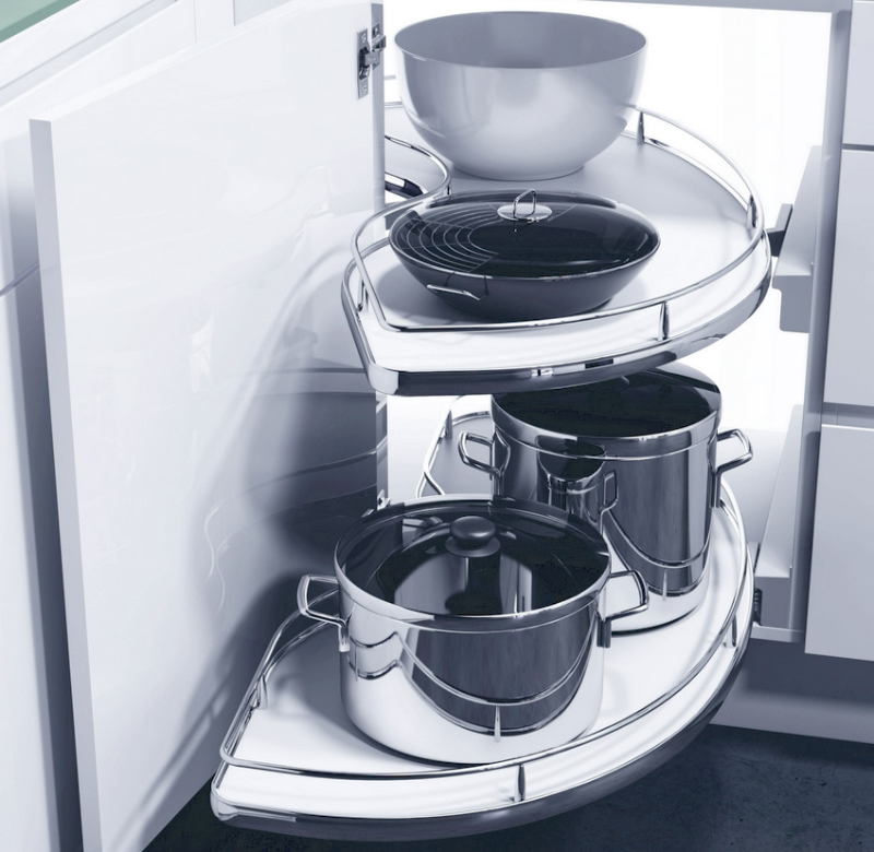 Corner cabinet swing shelf system holding pots, pans and bowls