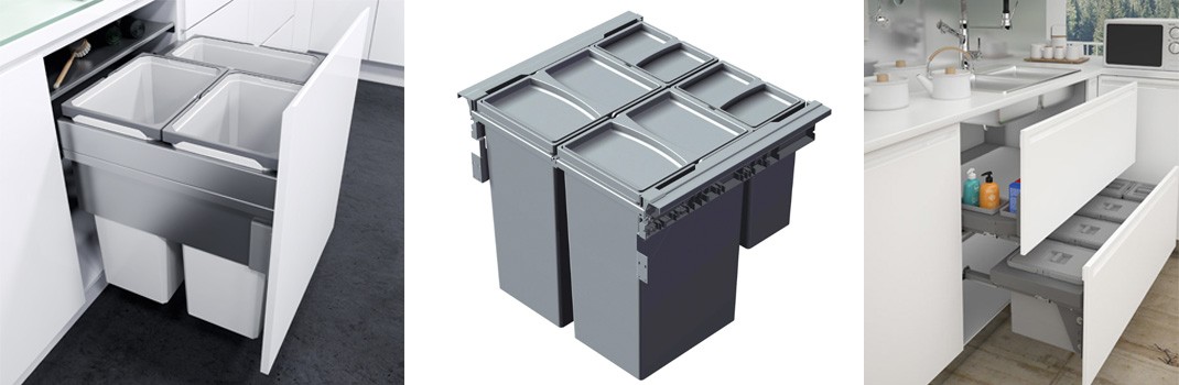 Pull out kitchen waste and recycling bin systems in base cabinets