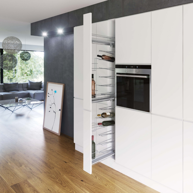 Tall pull out unit fitted with wine bottle storage racks