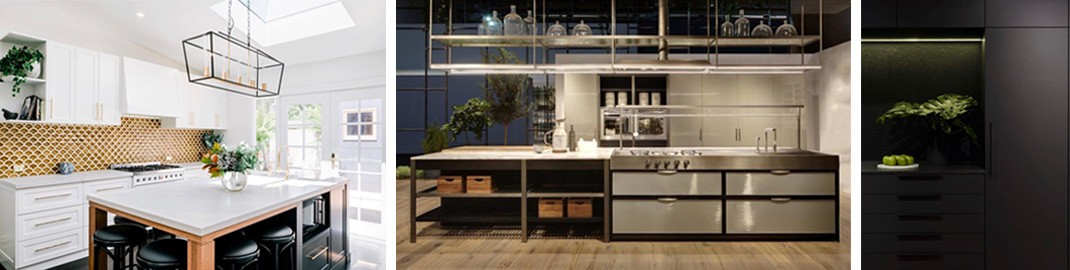 2020 kitchen styles including white shaker, open shelving and dark contemporary designs