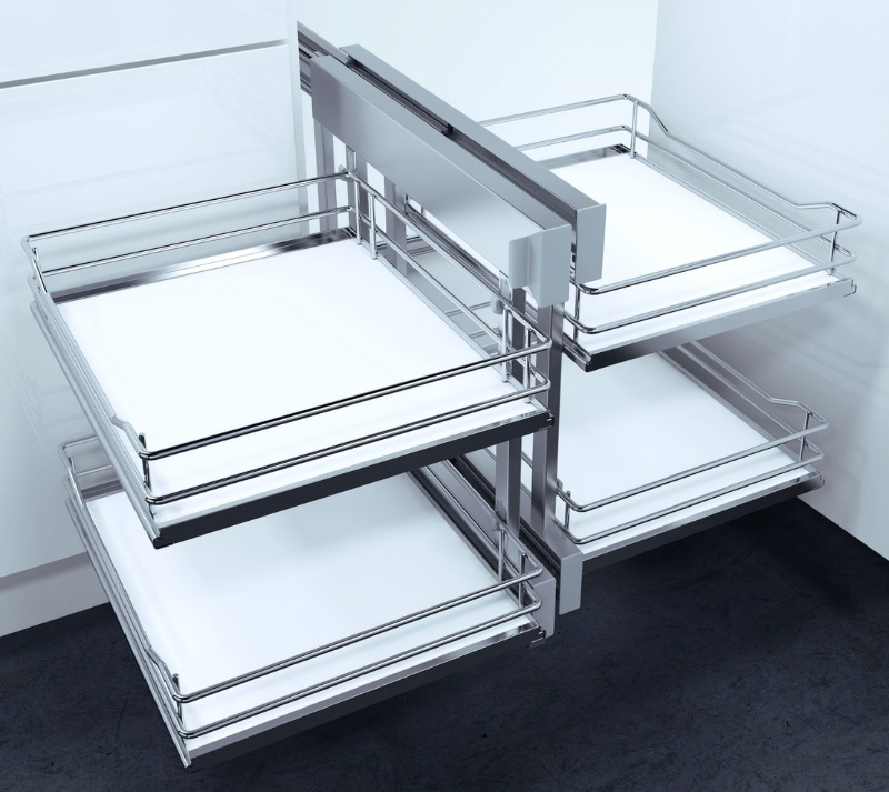 Corner cabinet pull out wire basket system with four shelves