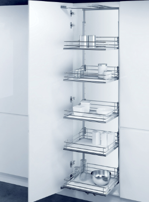 Pull out pantry unit with five chrome wire baskets